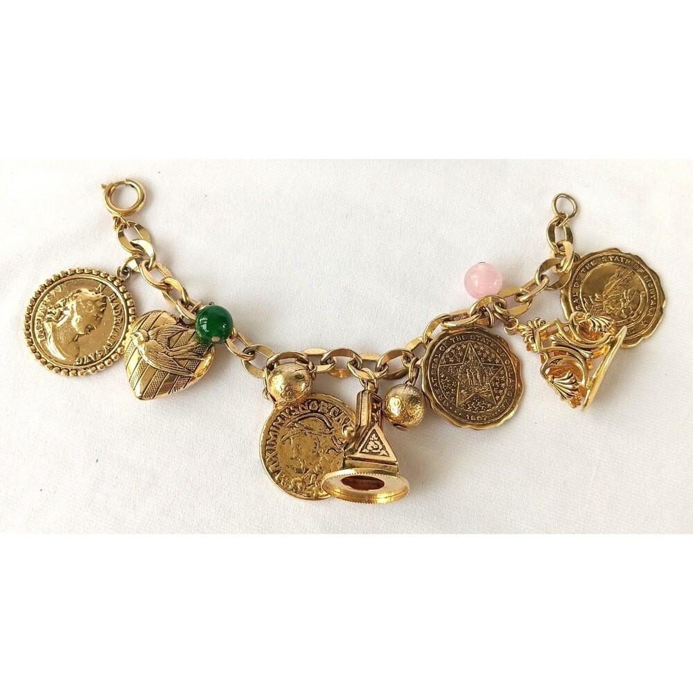Vintage Costume Charm Bracelet Great Seal of Oklahoma Montana Coins Beads Heart